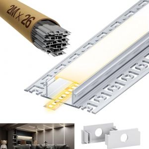 LASLUX Profilé LED Encastrable 2 m x 10 Pièces (20 m) – Aluminium pour Ruban LED Jusqu’à 20 mm, Rail LED Placo/Plafond, Couvercle Mat, Ailettes 61,8 mm, Accessoires Inclus (JIDIHUWAI, neuf)