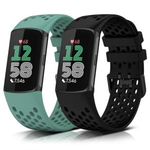 KeeFos 2 Pièces Bracelet Compatible avec Fitbit Charge 6 / Fitbit Charge 5, Bracelet Sport Silicone Souple Strap pour Fitbit Charge 6 / Fitbit Charge 5 - Noir + Vert (HoYaa EU, neuf)