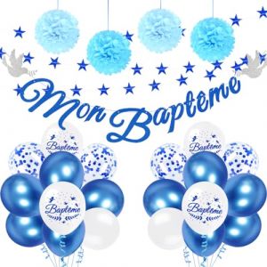 iZoeL Decoration Bapteme Garcon Bleu Decoration Mon Bapt&ecirc;me Ballon Confettis Bapteme D&eacute;coration Baby Shower Guirlande Etoile 4 m Pompom Papier de Soie D&eacute;coration Communion (CrushOnu, neuf)