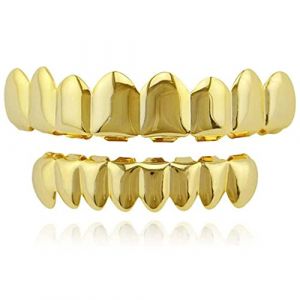 SSyang Halloween Hip Hop Dents,Grilles de Dents de Hip-hop D'or Dents De Hip-Hop Plaquées 18K + 2 gouttières de Fixation Coffret,pour Hommes Femmes, Rappeur Costume Cosplay Party(Doré) (SSyang, neuf)