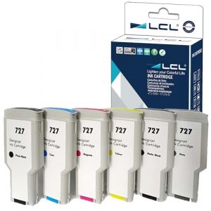 LCL Cartouche d'encre Compatible 727 XL B3P06A C1Q12A F9J76A F9J79A F9J77A F9J78A F9J80A 300ML High Yield Remplacement pour HP DesignJet T1500 T2500 T2530ps T920 T930 T930 (6-Pack MBK PBK C M Y GY) (Great Office, neuf)