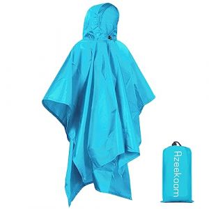 Azeekoom Poncho Pluie Imperméable Cape de Pluie, Poncho/Tapis de Camping/Ombre de Camping Multifonctions 3 en 1 pour la Randonnée en Plein Air (Bleu Clair) (Helien, neuf)
