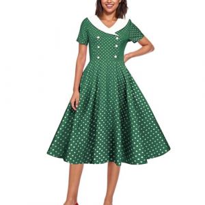 Robe vintage à pois pour petite femme, robe patineuse style années 50 Rockabilly avec boutons sur le devant, élégante robe trapèze à col en V et manches courtes, longueur genou, vert militaire, XXL (GMYMY, neuf)
