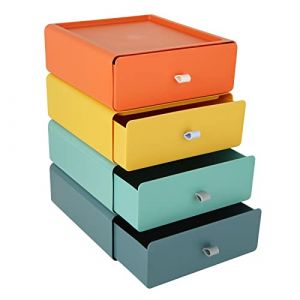 MIVIDE 4pcs Boîtes à tiroirs empilables, 20 x 20 x 8cm Boîte de rangement avec tiroirs, Boîte à tiroirs en plastique Empilable pour bureau, chambre, cosmétique, bureau (4 couleurs) (CAO LEI, neuf)