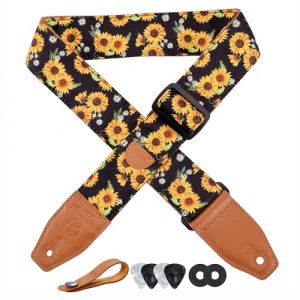 YIKOKO Sangle de guitare de 5,1 cm en coton imprim&eacute; floral avec extr&eacute;mit&eacute; en cuir pleine fleur, pour basse, guitare &eacute;lectrique et acoustique, bouton de sangle, verrous de sangle et m&eacute;diators (zs-Kiwi, neuf)