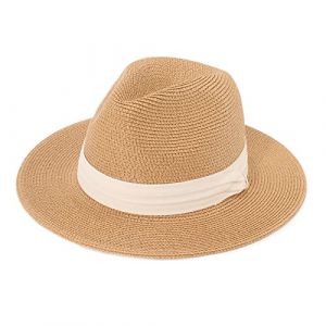 DRESHOW Femme Homme Chapeau de Paille Panama Chapeau &Eacute;t&eacute; Large Bord Chapeau de Soleil Anti-UV pour Plage Voyage Fedora Chapeau de Soleil, Taille Unique, Panama Khaki with Beige Ribbon (Dreshow, neuf)