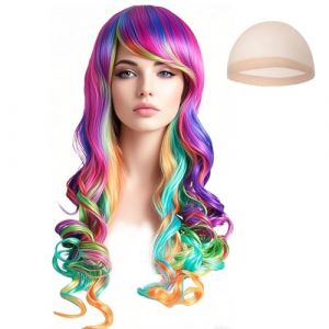 MUNSKT perruque arc - en - ciel pour femmes, 29,5 pouces / 75 cm boucl&eacute; longue perruque Licorne color&eacute;e avec filet, Halloween dress up, carnaval (MUNSKT*, neuf)