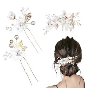 YAPKOLV 3 Pi&egrave;ces Accessoires pour Cheveux de Mariage, Peigne et Pinces &agrave; Cheveux, Bijoux Cheveux Mariage, Accessoires de Coiffure, Perles de Mari&eacute;e, en P&eacute;tale Cristal, Pour Femmes et Filles (Blanc) (MA SHIJIE UK SHOP, neuf)