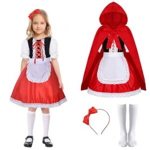Costume Robe de Petit Chaperon Rouge, D&eacute;guisement Petit Chaperon Rouge pour Fille, Robe de Petit Chaperon Rouge avec Cape &agrave; Capuche, Tablier, Bandeau et Chaussettes pour Halloween Carnaval (120 CM) (JHA-EU, neuf)