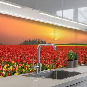 KitchenYeah&copy; Credence Adhesive Pour Cuisine 80x300 cm Panneau Mural Adhesif Fond De Hotte Plaque Pvc Murale Peel And Stick Protege Mur Fleurs - Paysage - Tulipes - Coucher Soleil (KitchenYeah, neuf)