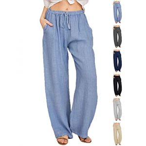 CheChury Pantalon Lin Femme Été Décontractés Pantalons Mode Coton Chanvre Confortable Jogging Plage Rétro Pants Taille Elastique Pantalon avec Poches,Bleu,XL (LYworld, neuf)