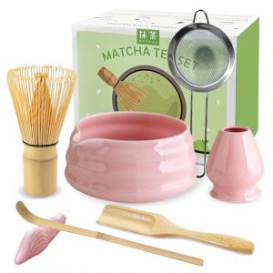 JBER Matcha Kit Rose 7 Pi&egrave;ces, Matcha Set - Fouet &agrave; Matcha en Bambou, Bol &agrave; Matcha &agrave; Buse, Support pour Fouet, Cuill&egrave;re et Tamis, Kit Matcha pour C&eacute;r&eacute;monie du Matcha (Yicai Acoustic, neuf)