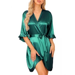 Wikoan Peignoir Femme Satin Kimono Mari&eacute;e Robes de Chambre Peignoir Bride Femme Soie V&ecirc;tements de Nuit Doux Col V avec Ceinture Vert Fonc&eacute; M (Wikoan Direct, neuf)