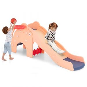 COSTWAY 4 en 1 Toboggan Enfant en Forme &Eacute;l&eacute;phant avec Panier de Basketball, Toboggan Ext&eacute;rieur Int&eacute;rieur en HDPE avec Ballon, Aire de Jeux pour Glisser & Grimper, Charge 50kg pour 18 Mois+(Rose) (FDS GmbH, neuf)