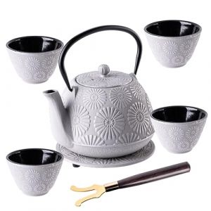 KADAX Service &agrave; th&eacute; japonais 1,1 L avec 4 tasses &agrave; th&eacute; pour th&eacute; en vrac, service &agrave; th&eacute; japonais en fonte, th&eacute;i&egrave;re en fonte avec infuseur &agrave; th&eacute;, couvercle, poign&eacute;e et sous-tasse (Gris) (KADAX, neuf)