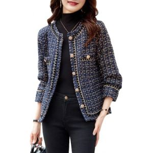 Veste &agrave; Carreaux d&eacute;contract&eacute;e en Tweed &eacute;l&eacute;gant pour Femme Blazer &agrave; Carreaux de Poche &eacute;l&eacute;gant et Formel Cardigan Costume Formel en Tweed (Bleu Fonc&eacute;,TG) (Conghuakeji, neuf)