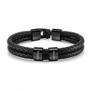 PiercingJak Bracelet Cuir Homme Personnalisé 2-4 Noms Prénoms Acier Inoxydable Perles ID Bracelet Cuir Véritable Noir Bijoux Cadeau Fête des Pères Anniversaire Noël Saint-Valentin (2 Noms Gravure) (KKCAT, neuf)