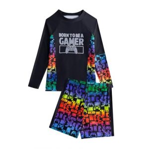 JiAmy Maillot De Bain pour Garçons Été, Maglia À Manches Longues Imprimé Dégradé Console De Jeu, Short, Protection UV, Taille 8-14 Ans (JiAmy-EU, neuf)