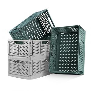 Lot de 4 caisses pliantes en plastique solide - Panier de rangement pliable et empilable - Pour le rangement de la cuisine, la chambre &agrave; coucher, le bureau, le jardin (vert fonc&eacute; + gris, 30 x 20 x 12 (BOJIEDIANZI, neuf)