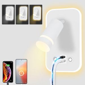 HUIZHOU lampe de lecture murale LED applique tactile 3 température de couleur 12W port de charge USB 350 ° lit pivotant lampe de lecture salon chambre à coucher (Rectangulaire blanc) (HUIZHOU, neuf)
