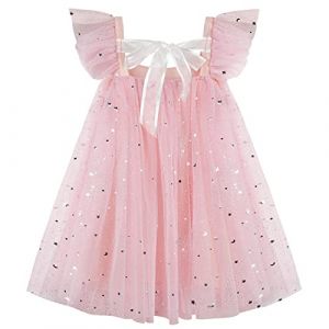 AGQT Robe Élégante en Tulle pour Bébé Fille - Fête, Soirée, Anniversaire, Baptême, Cérémonie - Manche Fly, Été, Paillette, Bouffante, Tutu, Point d'Onde de Lune Étoile - Rose 2-3 Ans (AGQT, neuf)
