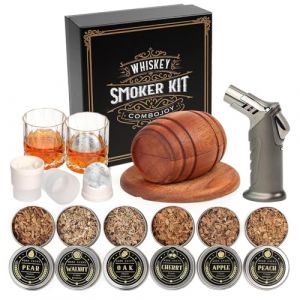 Kit de Fumoir pour Whisky avec Chalumeau - 6 arômes de copeaux de bois, 2 Verres, 2 Moules à Glaçons Sphériques - Kit Fumoir Cocktail, Cadeau homme, anniversaire, fête des pères, Noël (Sans Butane) (NetBeauty, neuf)