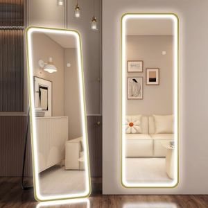 STARLEAD Miroir-sur-Pied-avec-Eclairage 150 x 50 cm, 3 Couleurs Eclairage Dimmable Grand-Miroir-Mural, Interrupteur &agrave; Effleurement Grand-Miroir-LED, Fonction M&eacute;moire, Verre Tremp&eacute; HD, Rectangle Or (Starlead, neuf)