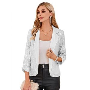 GRACE KARIN Femme Blazer à Sequins Élégant Veste de Costume à Manches 3/4 Devant Ouvert Veste d'affaires S Argenté (Zexxxy, neuf)