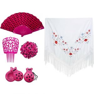 Carnavalife Pack d'accessoires Flamenco pour femme, châle avec fleurs flamant rose sévillane, pinces à cheveux traditionnelles, éventails en design flamant rose (fuchsia/blanc) (Carnavalife, neuf)