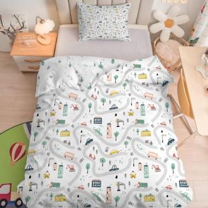 Linfye Housse de Couette 120x150 cm Enfant Garçon Voiture Blanche Parure de Lit 1 Personne, Sets de Housse Couette Arbre Vert Réversible en Microfibre avec Taie d'oreiller 40x60 cm - Coloré (Linfye Maison Confortable, neuf)