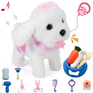 GOBRILLFUN Interactive Marche en Peluche Chiot Jouet Chien, Commande à Distance électronique Chien Robot réaliste Wagging Queue, Riche Set de Soins, Jouet Cadeau pour Enfants âges 3, 4, 5, 6 (White) (YOLITECH-FR, neuf)