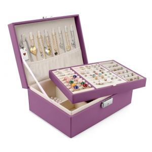 Homeanda Bo&icirc;te &agrave; bijoux avec serrure - Grande bo&icirc;te &agrave; bijoux en cuir pour femme - Bo&icirc;te &agrave; bijoux &agrave; 2 niveaux (violet) (Homeanda, neuf)