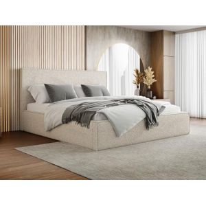 Lit Rembourré 120x200 Design Bohème - Lit Coffre Avec Rangement - Lit Capitonné En Tissu Bouclette Beige - Lit Double Moderne Avec Tête De Lit - Cadre De Lit Avec Sommier à Lattes - Lit Adulte Terra (WFL GROUP France, neuf)