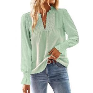 TUUHAW Tunique Femme Chemise Chic et &Eacute;l&eacute;gant Automne Col en V Manches Longues Dentelle Grande Taille Top &agrave; Point Suisse Couleur Unie Blouse D&eacute;contract&eacute; Chemisier Confortable Vert Menthe 4XL (TROFANO, neuf)