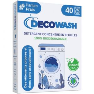 Feuilles de Lessive (jusqu'à 80 lavages) - Lessive Feuille Écologique, Hypoallergénique, Fragance Fraîche, Biodégradable, Sans Plastique - Idéale pour Peaux Sensibles, Lavage à Main et Machine à Laver (DECOWASH, neuf)