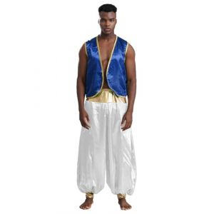 Oyolan Homme Costume Prince Arabe D&eacute;guisement Arabe Roi Pantalon Sarouel et Gilet sans Manches Cosplay Carnaval Halloween F&ecirc;te Tenue D Bleu Blanc 4XL (Oyolan EU, neuf)