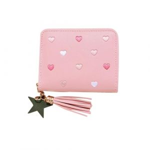 CLKE Porte Monnaie Fille en PU Cuir,Portefeuille Femme Mignon avec Pendentif,4 Emplacements Cartes,2 Sac à Monnaie,1 Poche à Fermeture Éclair,Moins de 10 Euros,Rose Clair (JinHeShu, neuf)