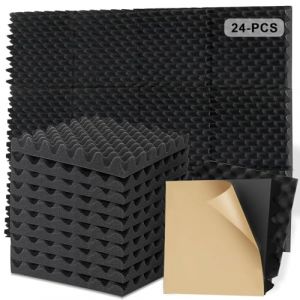 Mousse Acoustique Autocollante, 24 PCS Panneau Acoustique Mural, Isolation Phonique Mur, Tapis Anti Bruit, Plaque Insonorisation pour Studio, Bureau, Chambre, Salon(30x30x2.5cm, Noir) (lovehomevp, neuf)