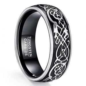 Bague Homme en Carbure de Tungstène, Anneau Dragon Celtique, 8 mm, Alliance de Mariage Noir et Argent Taille 67.2(21.4) (NUNCAD FR, neuf)