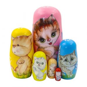Lot de 6 poup&eacute;es gigognes en Forme de Chat, Mignon Chaton color&eacute; en Bois Fait &agrave; la Main, poup&eacute;e Russe Traditionnelle Matryoshka, Cadeau pour Enfants, Anniversaire, d&eacute;coration de f&ecirc;te de No&euml;l (Feiandenguk, neuf)
