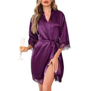 Lovasy Peignoir Satin Femme Mariage en Dentelle Robe de Chambre Soie Court Kimono Bride Sexy L&eacute;ger Col V avec Ceinture Robe de Demoiselle d'Honneur,B-Violet fonc&eacute;,M (Lovasy Direct, neuf)