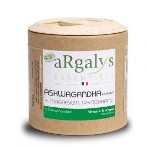 Ashwagandha Breveté KSM-66™ + Magnésium et Tryptophane - Extra Fort : 5% withanolides - Stress, Sommeil, Énergie, Bien-Être - 60 gélules vegan 900mg - Qualité Supérieure (Argalys, neuf)