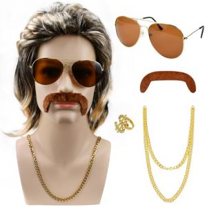 5 Pièces 70s 80s Costume de Perruque Rock Accessoires Perruque Mulet Homme des années 80 Perruque Hippie avec Lunettes de Soleil, Collier, bague, fausse barbe, Perruque rock pour Halloween Carnaval (DANITEKS, neuf)