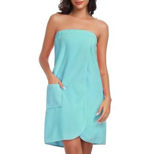 Lovasy Robe Serviette de Bain Femme Peignoir Enveloppant Grande Serviette de Spa avec Boutons Réglables Paréo de Bain Douce Léger Kilt de Sauna avec Poche,A-Bleu Paon,L (Lovasy Direct, neuf)