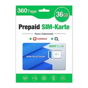 EIOTCLUB Carte SIM Prépayée, pour 5G/4G LTE Caméra de Surveillance, Caméra de Chasse, WiFi Router, 36 Go-360 Jours, Data Uniquement, Compatible avec Les réseaux Bouygues/Orange/Free/Digicel (EIOTCLUB, neuf)