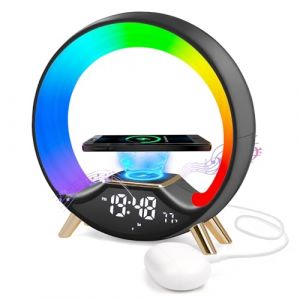 Cuteefun R&eacute;veil Lumineux, 15W Chargeur sans FI, Reveil Simulateur D'Aube avec Haut-Parleur Bluetooth, Reveil Radio, Deux Alarmes, Lampe de Chevet R&eacute;glable en Plus de 10 Couleurs, Noir (WangChuan-HT, neuf)