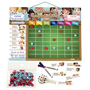 TABLEAU DES RESPONSABILITÉS Magnetique Large | Tableu de Recompense pour Mur ou Réfrigérateur 43x32cm, 22 Activités, 2 Marqueurs, 1 Globe | Présentation Boîte Cadeau enfants, anniversaires (Français) (aeioubaby, neuf)