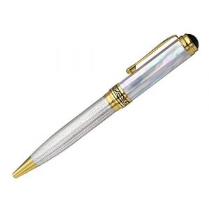 Stylo &agrave; Bille &agrave; Rotation Xezo Maestro, Pointe Moyenne. Nacre Blanche Oc&eacute;anique, Argent 925 et Plaqu&eacute; Or 18 Carats. Fait Main, &Eacute;dition Limit&eacute;e Num&eacute;rot&eacute; (XEZO, neuf)
