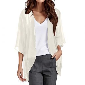 Cardigan Mousseline Boléro Femme Court Soie Gilet Été Chic et Elegant 3/4 à Manches Évasées Boléro Veste Léger Plage Châle pour Robe T Shirt Décontracté Soirée Cérémonie Cardigan Manches Longues (UoUa1245, neuf)