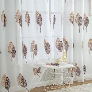 MIULEE Rideaux Voilage avec Beau Motif de Feuilles Marron et Brun, Automne Rideau Voile Brodé a Oeillets Largeur 140 CM Hauteur 225, Transparent Voilage Fenetre Design Moderne pour Chambre Salon (MIULEE HOME, neuf)